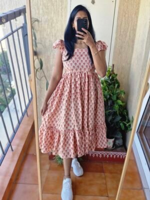 Peach bagru blockprint cotton dress.