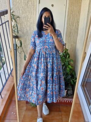 Blue floral bagru blockprint cotton dress