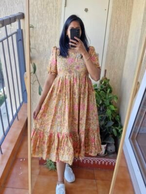Mustard floral bagru blokprint cotton dress.
