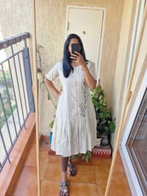 Beige Block print handloom cotton frill dress.