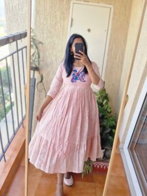 Pastel pink block print khaadi handloom dress.