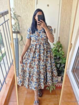 Olive green floral kalamkaari dress.