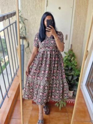 Black & Pink floral kalamkaari cotton dress.