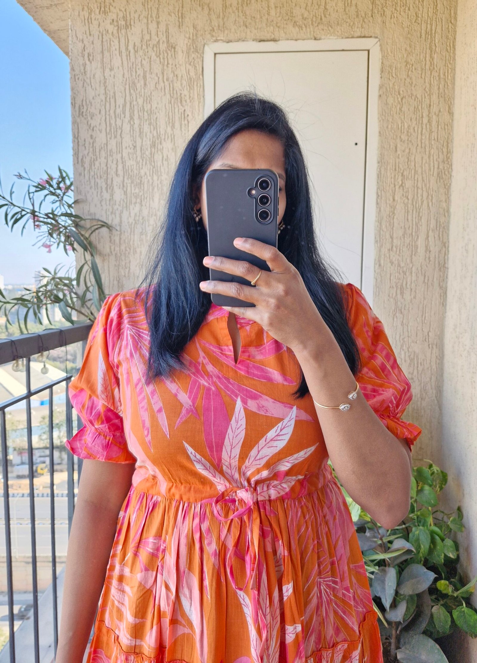 Orange floral three tier cotton dress. - Image 5