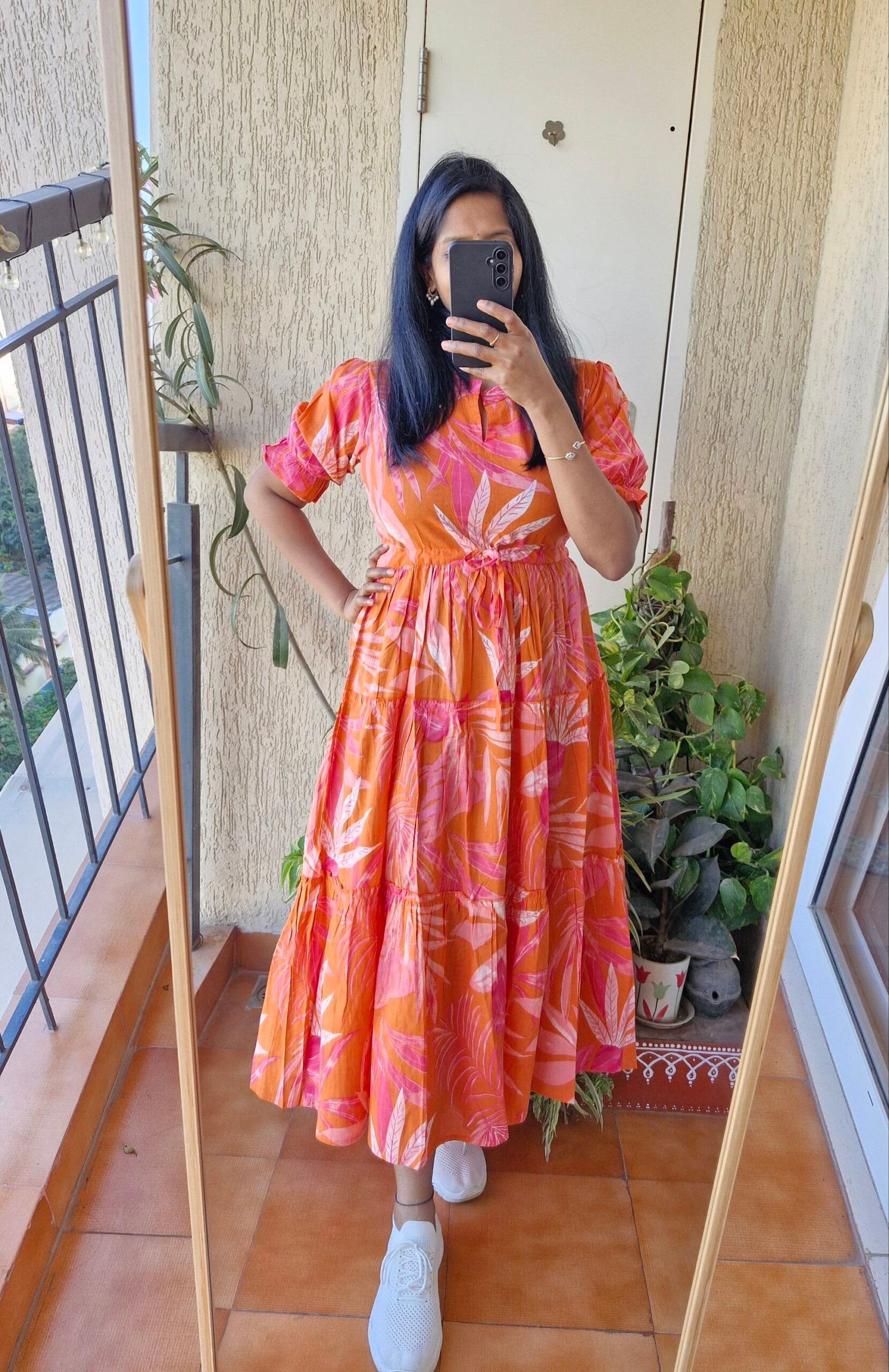 Orange floral three tier cotton dress. - Image 4