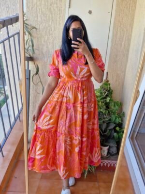 Orange floral three tier cotton dress.