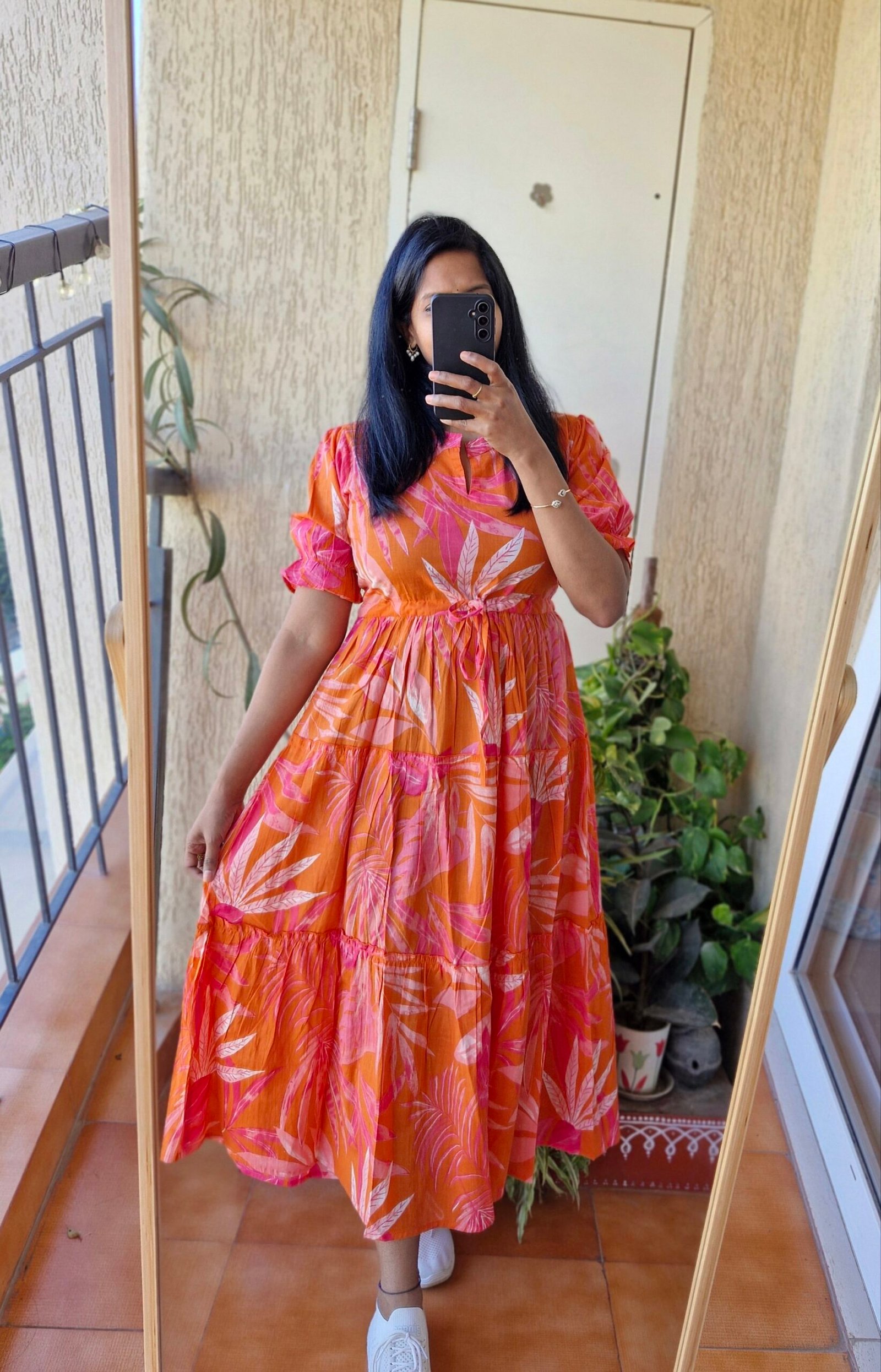 Orange floral three tier cotton dress. - Image 2