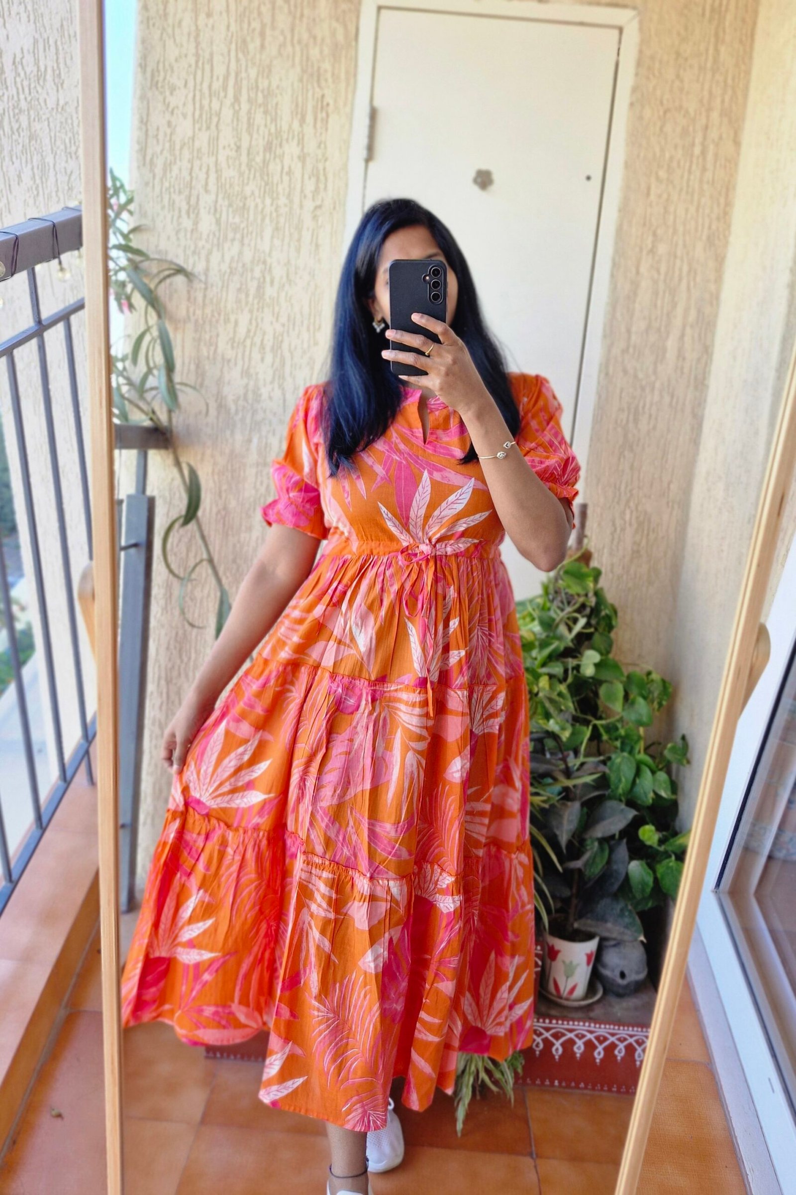 Orange floral three tier cotton dress. - Image 3