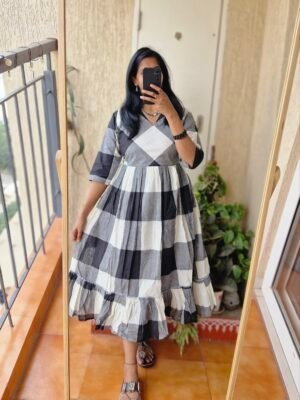 Black and white checks handloom dress.