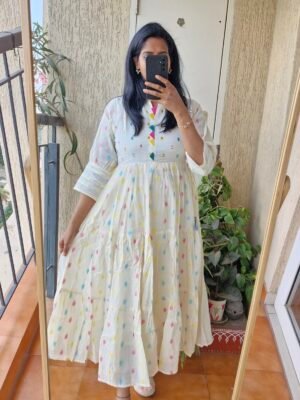 Half white mirror work three tier dress.