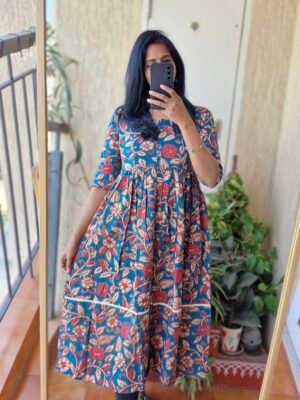 Teal blue kalamkari kurti dress.