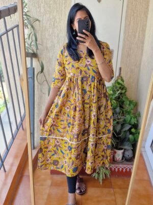 Mustard yellow Kalamkaari kurti dress