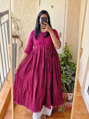 Wine Solid Rayon chikankari dress.