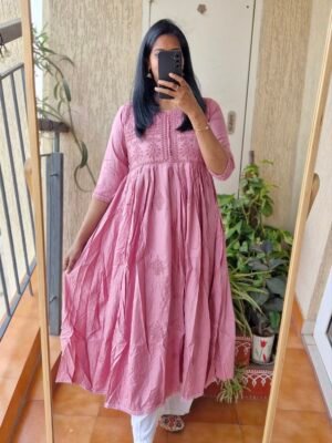 Onion pink solid Rayon chikankari dress.
