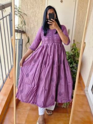 Purple solid rayon chikankari dress.