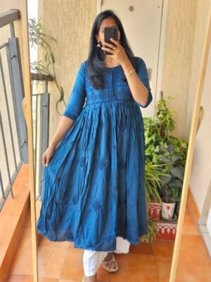 Teal blue solid Rayon chikankari dress.