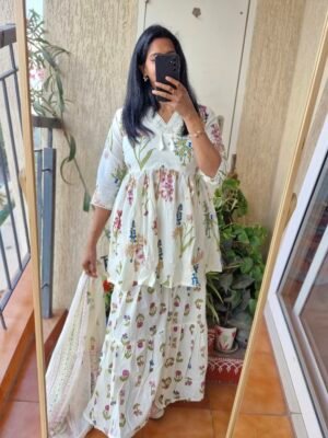 White floral sharara cotton kurta set