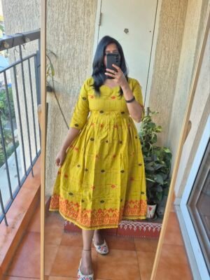 Mustard yellow Jamdhaani cotton dress.
