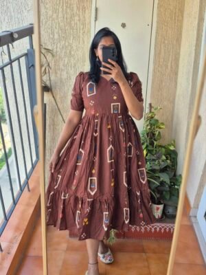Brown Jharoka print cotton dress.