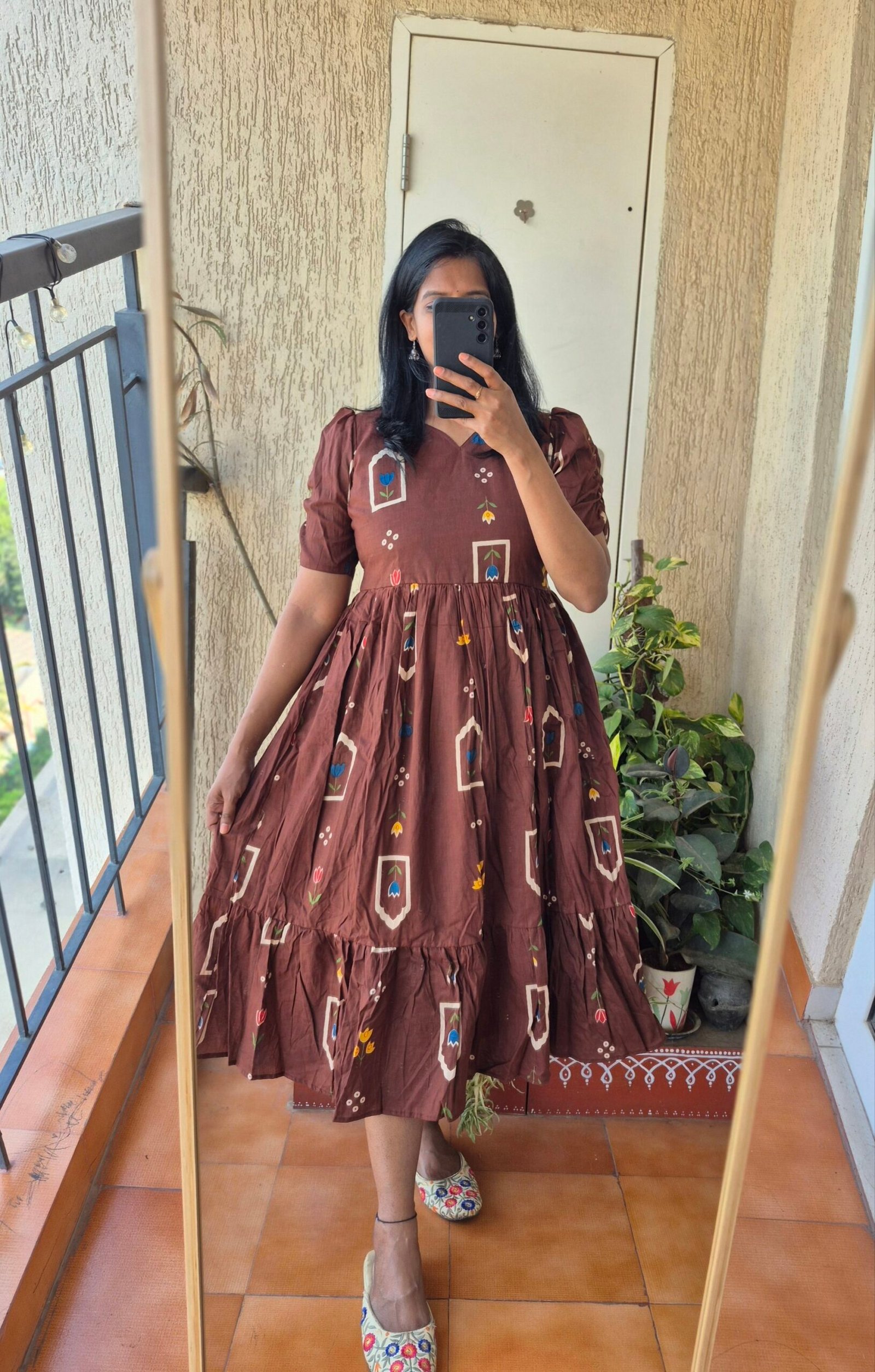 Brown Jharoka print cotton dress.