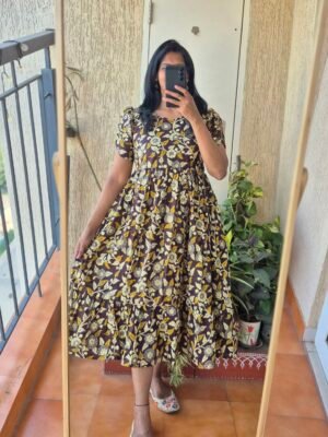 Brown Kalamkari print cotton dress.