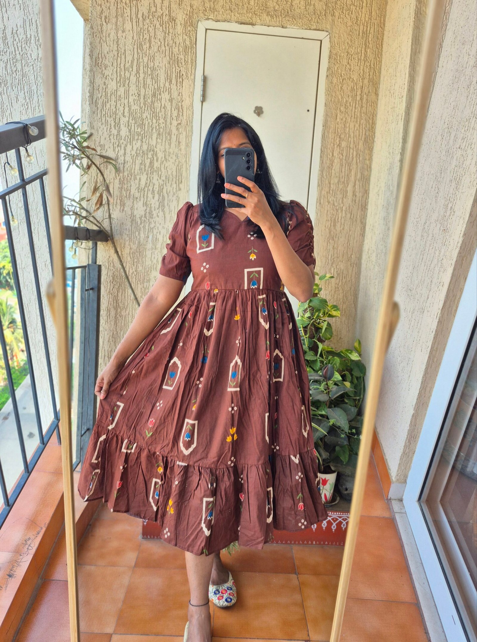 Brown Jharoka print cotton dress. - Image 2