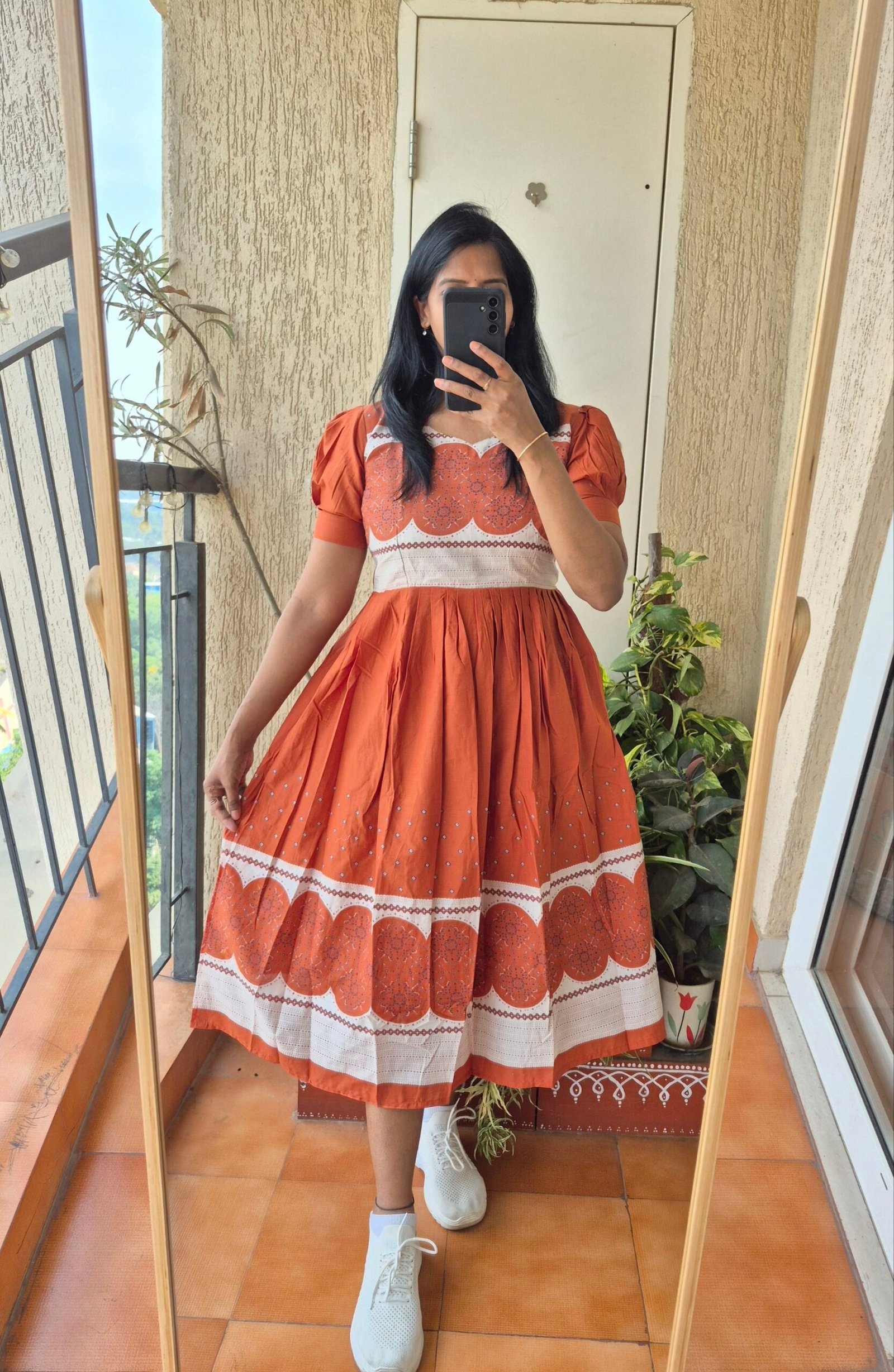 Rust Orange abstract print cotton dress. - Image 2