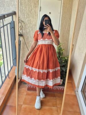 Rust Orange abstract print cotton dress.