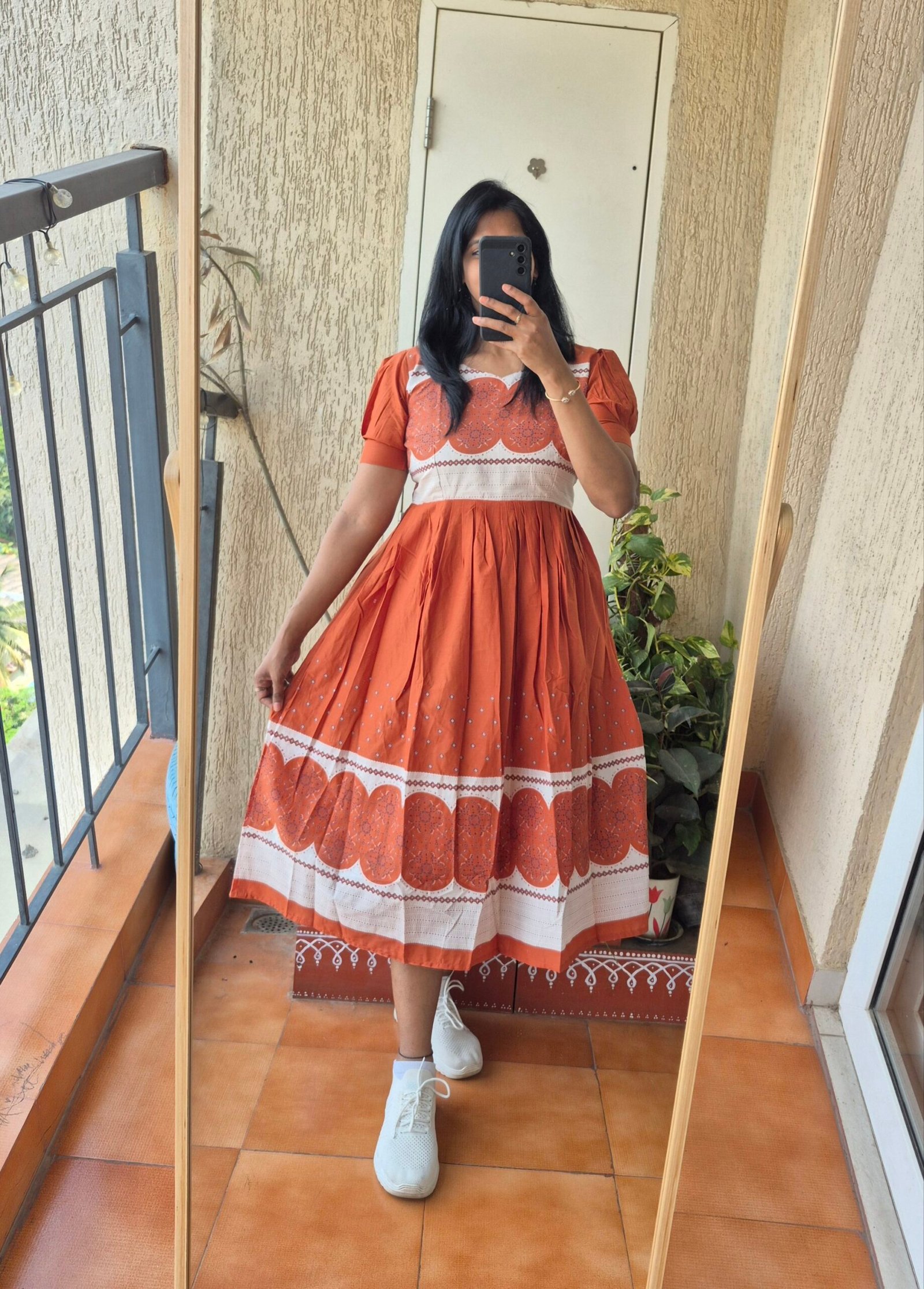 Rust Orange abstract print cotton dress.