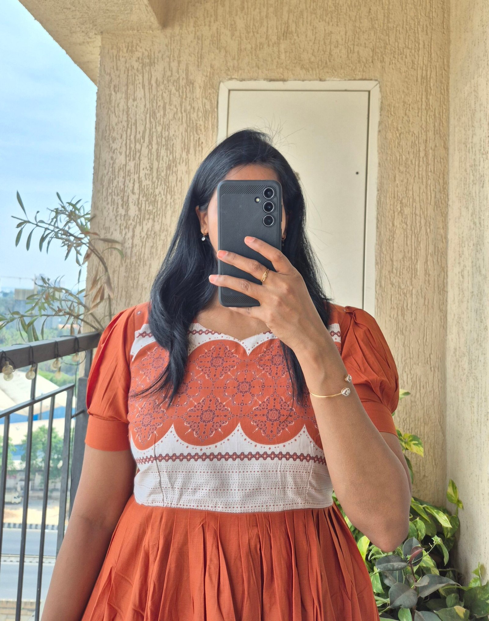 Rust Orange abstract print cotton dress. - Image 6