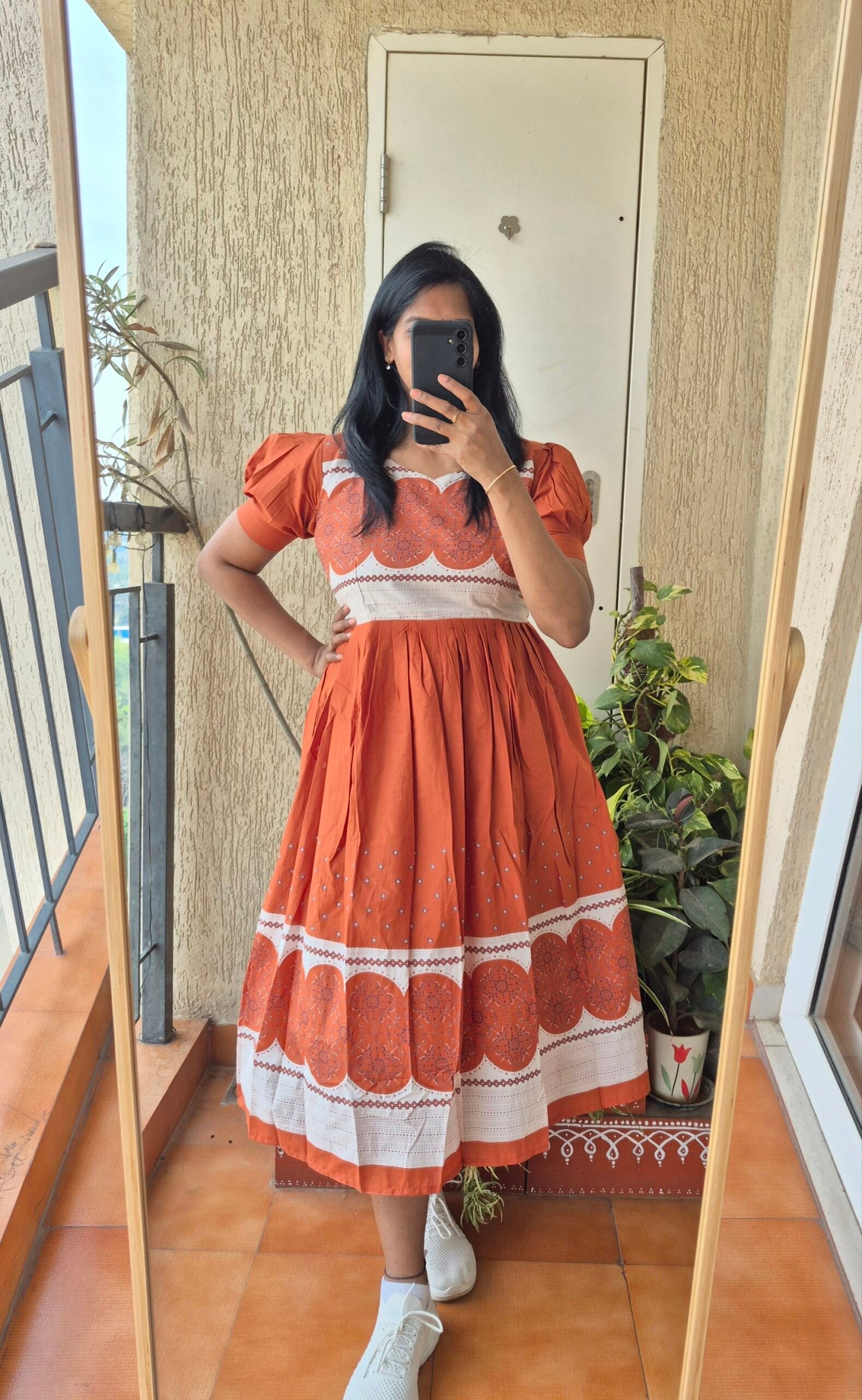 Rust Orange abstract print cotton dress. - Image 3
