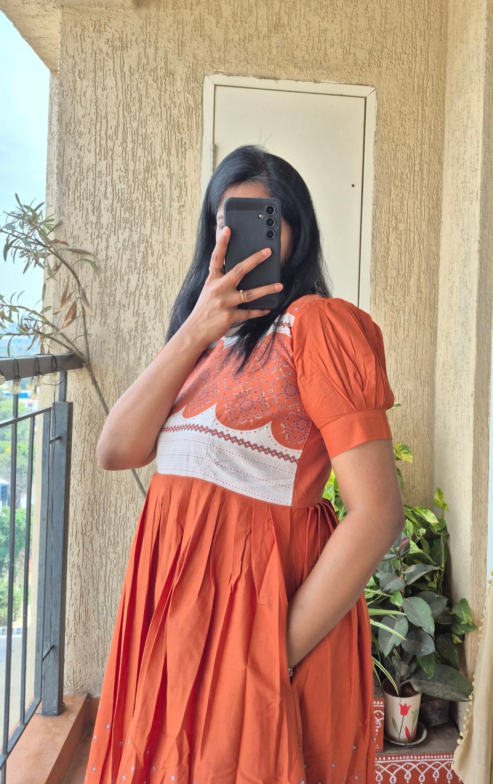Rust Orange abstract print cotton dress. - Image 5
