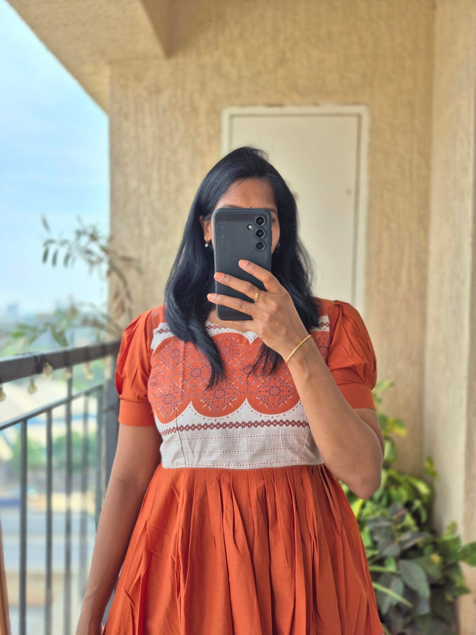 Rust Orange abstract print cotton dress. - Image 4