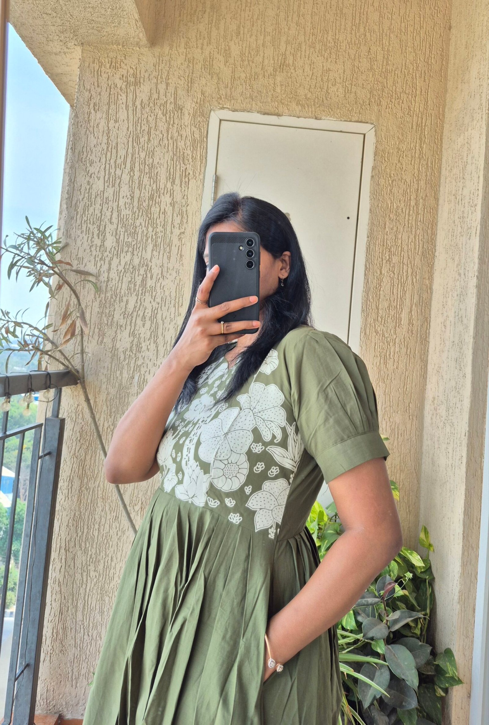Olive green floral cotton dress. - Image 4