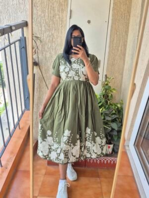 Olive green floral cotton dress.