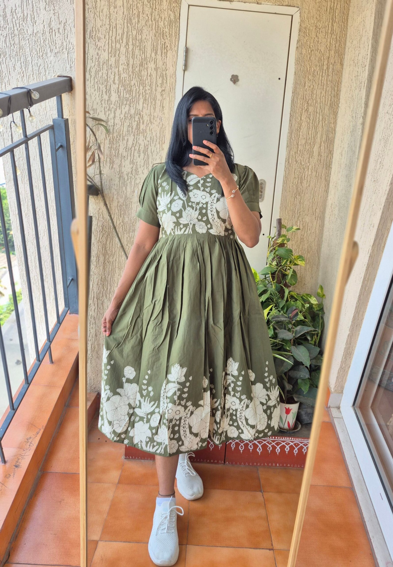 Olive green floral cotton dress.