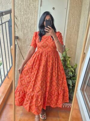 Orange Bandhini cotton dress.