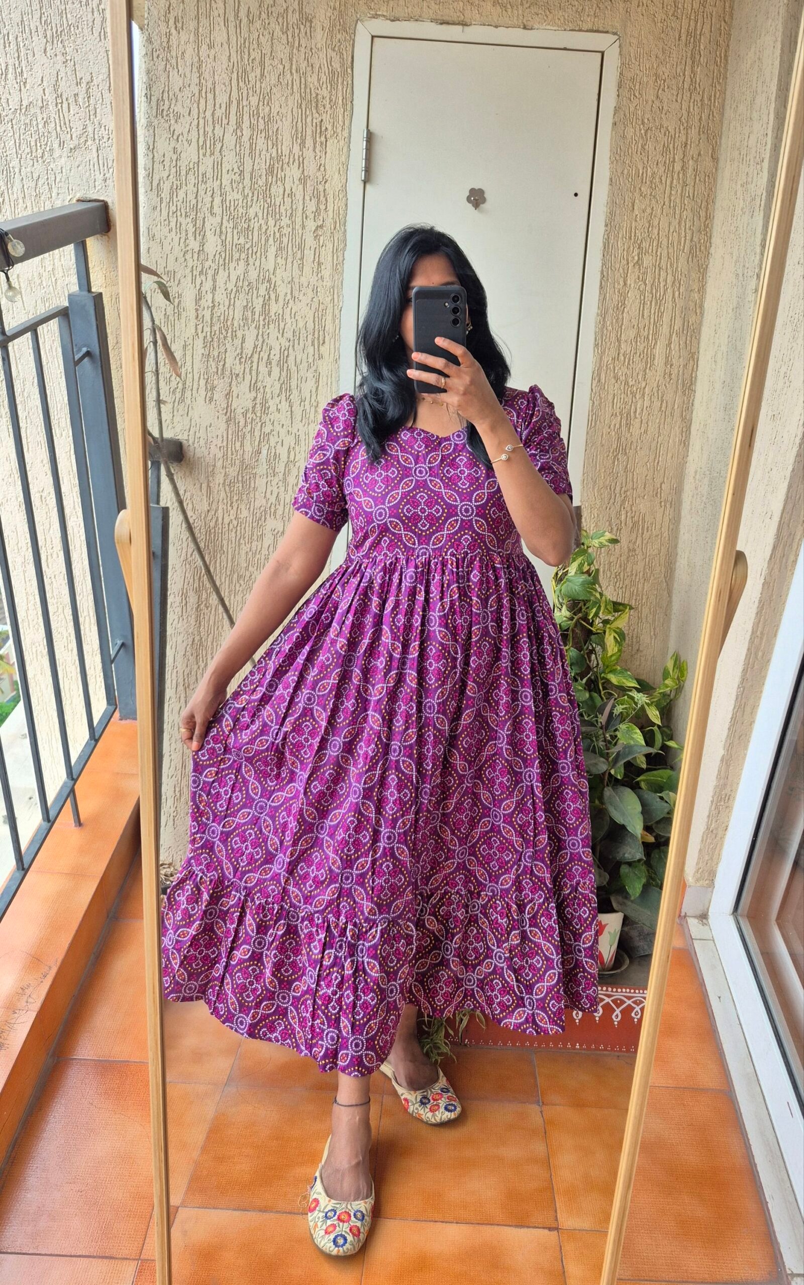 Purple Bandhini cotton dress.