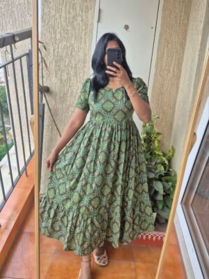 Green Bandhini cotton dress.