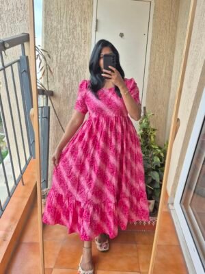 Pink dual shade Bandhini cotton dress.