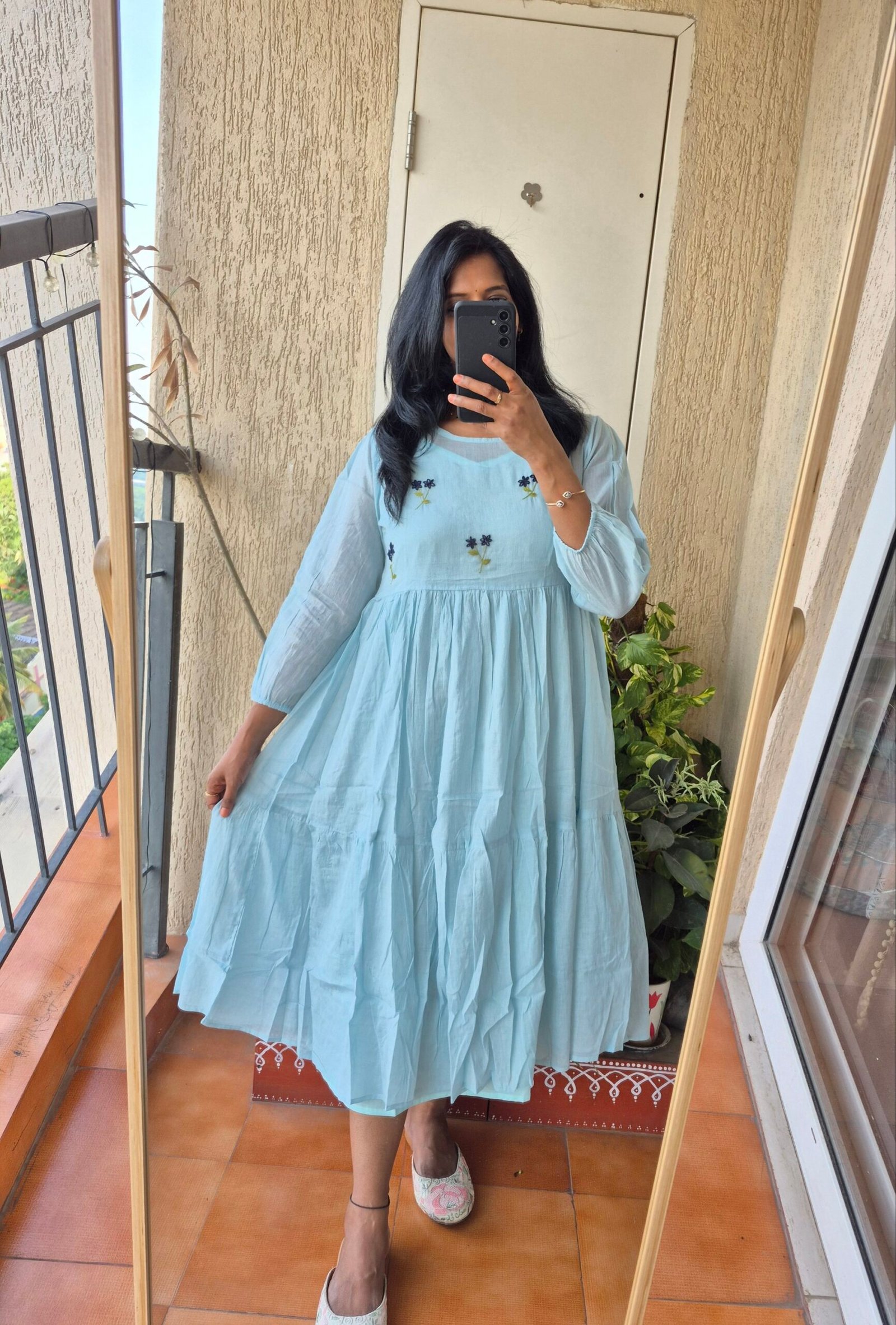 Powder blue 2 piece mul cotton dress.