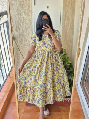 Lemon yellow floral cotton dress.