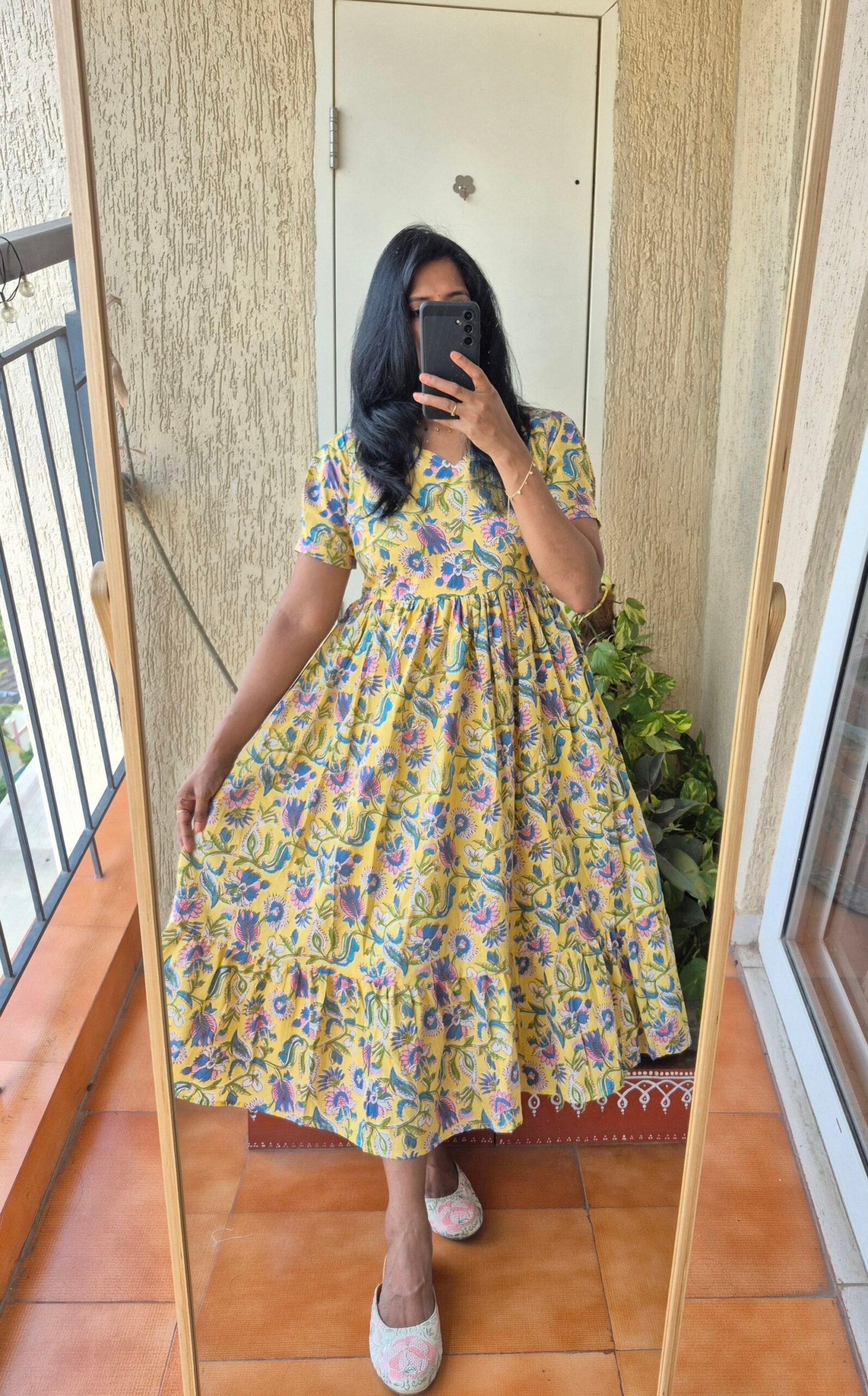 Lemon yellow floral cotton dress.