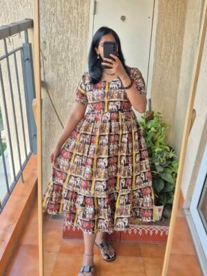 Multi elephant theme kalamkaari cotton dress.