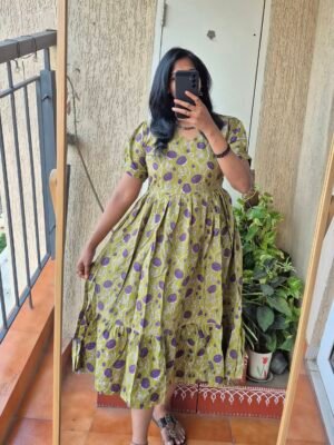 Mustard Green floral kalamkaari cotton dress.
