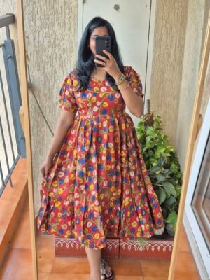 Red Penkalamkaari cotton dress.