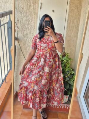 Rustic Red Jungle theme kalamkaari cotton dress.