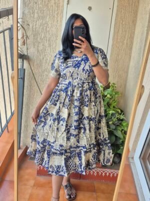 Blue village theme kalamkaari cottom dress.