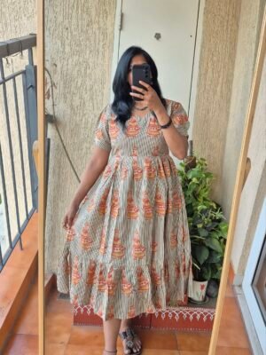 Stripes Rajasthani doll theme kalamkaari cotton dress.
