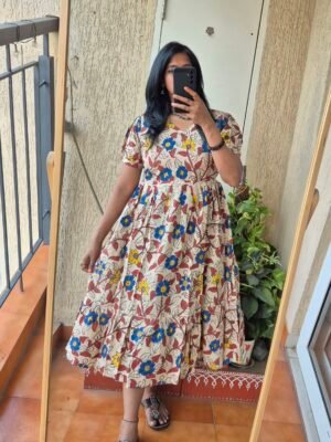 Beige floral Penkalamkaari cotton dress.
